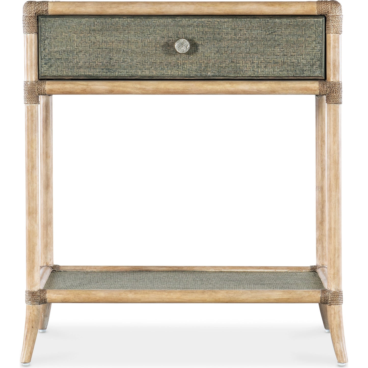 003 SI-2133750 | Additional Silo | Retreat Pole Rattan Bedside Table by Hooker Furniture in green. Made from maple veneers, engineered raffia, rope, tempered glass in a cottage & farmhouse style.