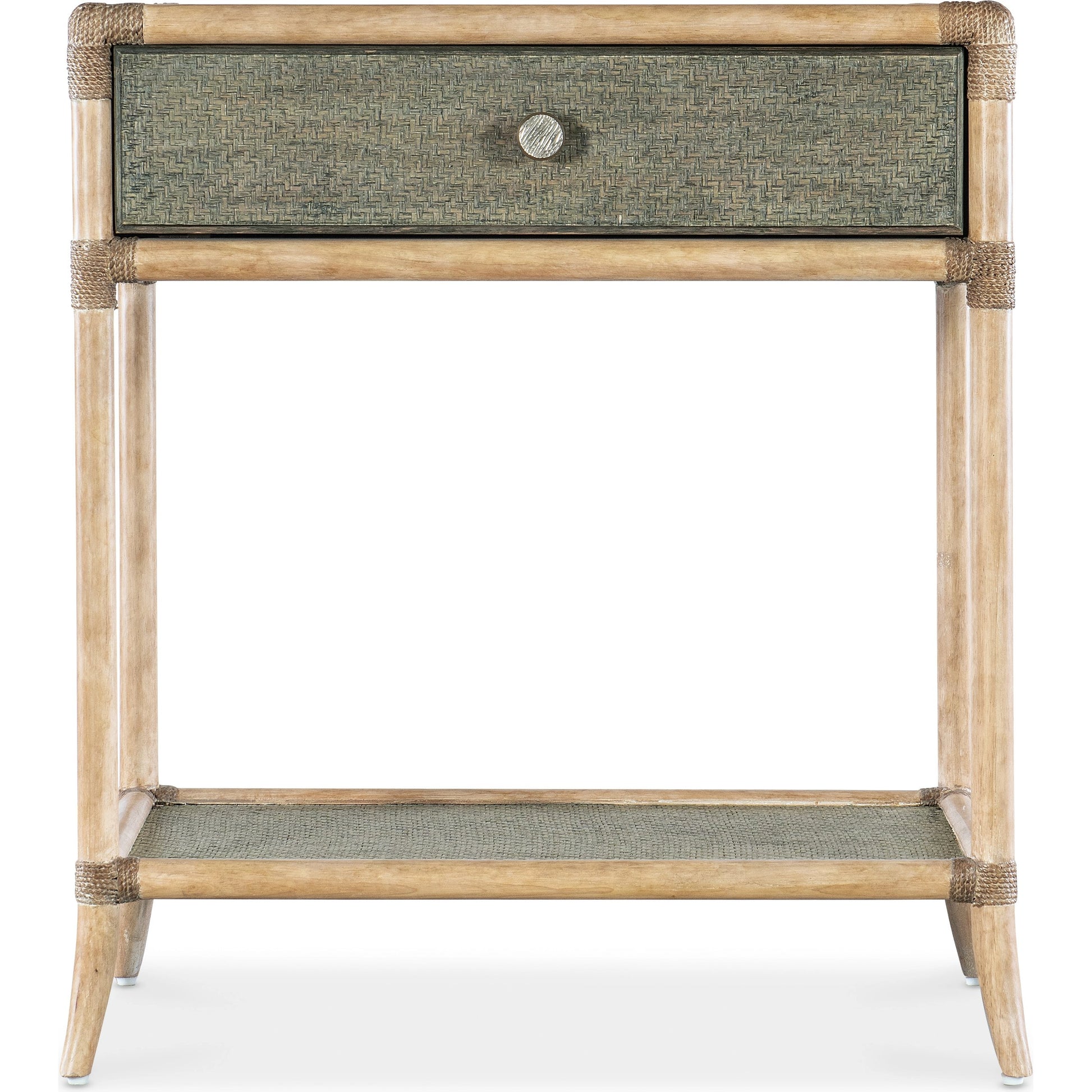 Retreat Pole Rattan Bedside Table by Hooker Furniture in green. Made from maple veneers, engineered raffia, rope, tempered glass in a cottage & farmhouse style.