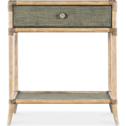Retreat Pole Rattan Bedside Table by Hooker Furniture in green. Made from maple veneers, engineered raffia, rope, tempered glass in a cottage & farmhouse style.