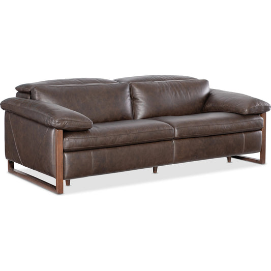 Jericho Power Sofa with Power Headrest by Hooker Furniture in dark wood. Made from leather in a traditional style.