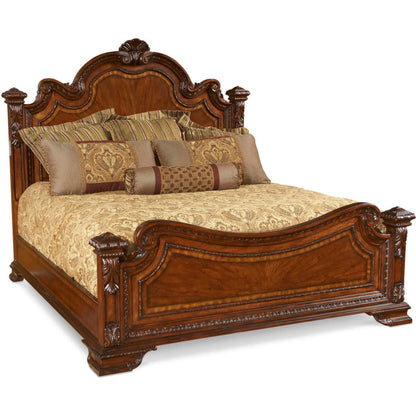 Old World Estate Bed by A.R.T. Furniture in brown and medium cherry. Made from new zealand pine solids, cathedral cherry veneer, exotic avodire veneer in a traditional style.
