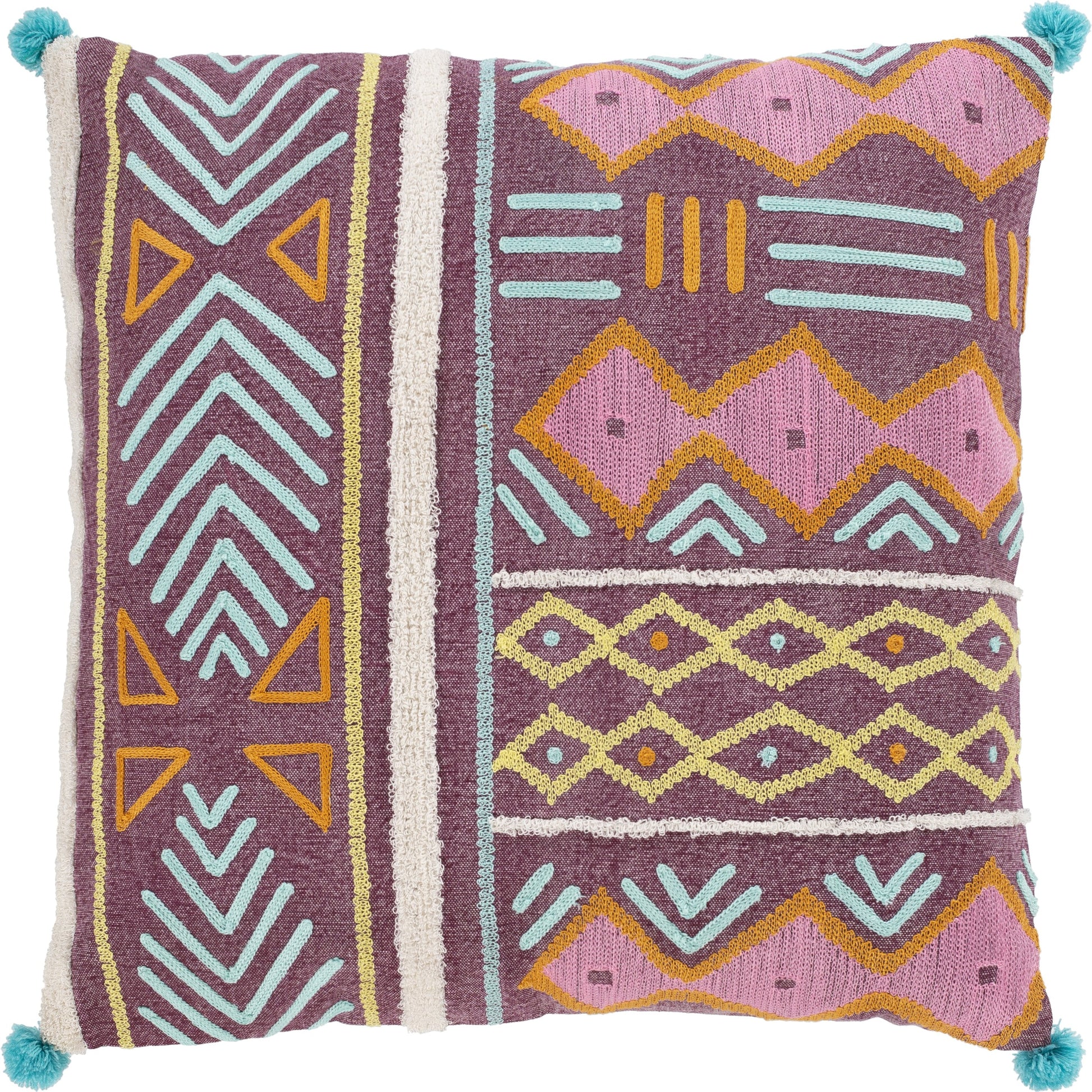 Kiko Pillow - 13447 by Surya in plum, aqua, lavender, orange, yellow, white. Made from 100% cotton in a eclectic & global style.