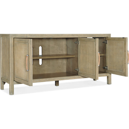 Surfrider Media Console by Hooker Furniture in driftwood. Made from pecan veneers, rattan, solid-wood edge top in a coastal style.