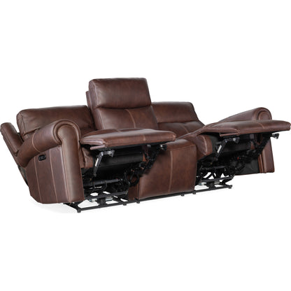Oberon Zero Gravity Power Sofa by Hooker Furniture in caruso sand. Made from leather in a traditional style.