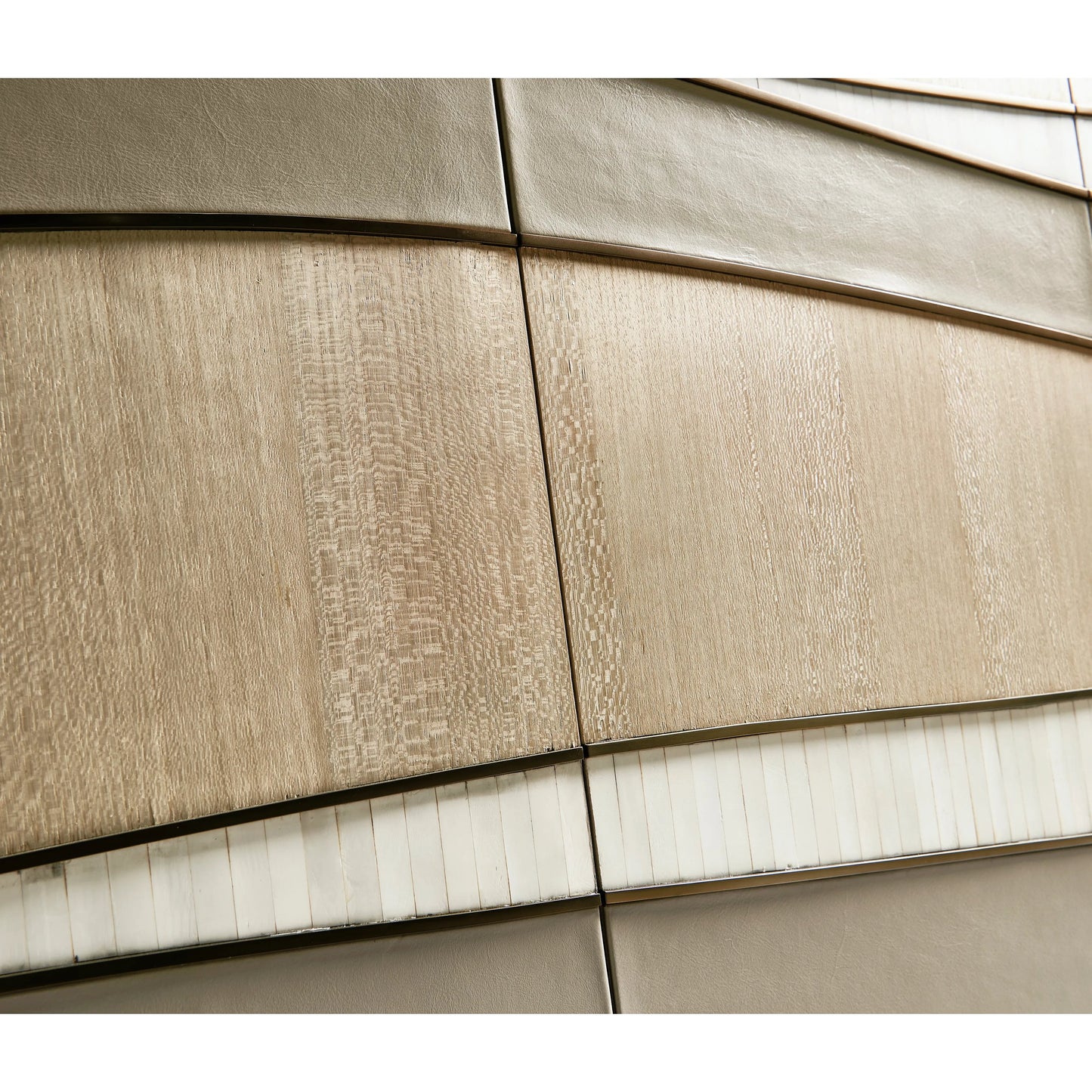 005 SI-2186266 | Closeup | Water Breaker Mixed Media Credenza by Jonathan Charles in beige and ash blonde. Made from dyed koto veneer, bone, leather, metal in a transitional style.