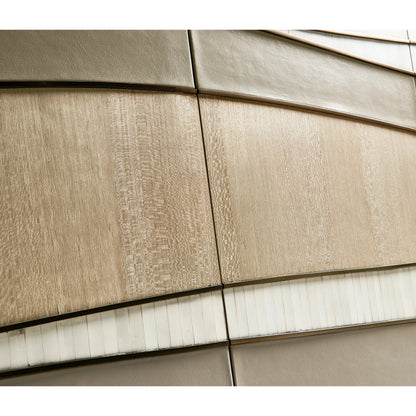 Water Breaker Mixed Media Credenza by Jonathan Charles in beige and ash blonde. Made from dyed koto veneer, bone, leather, metal in a transitional style.