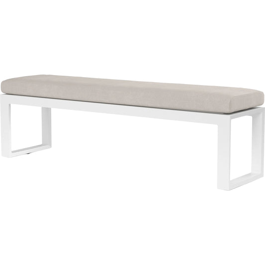 Newport Outdoor Dining Bench by Sunset West in whites/creams/beiges. Made from aluminum in a modern style.