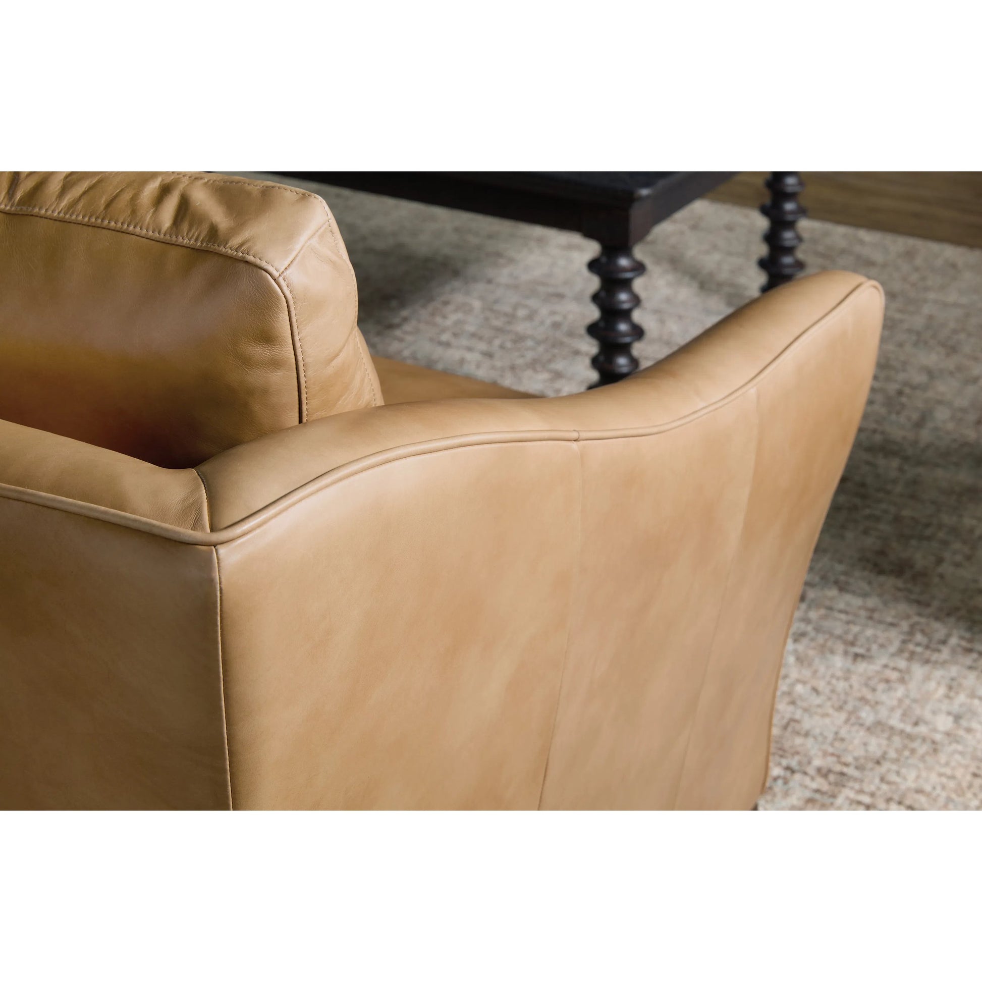 Fairfax Stationary Sofa by Hooker Furniture in dark wood. Made from leather in a traditional style.