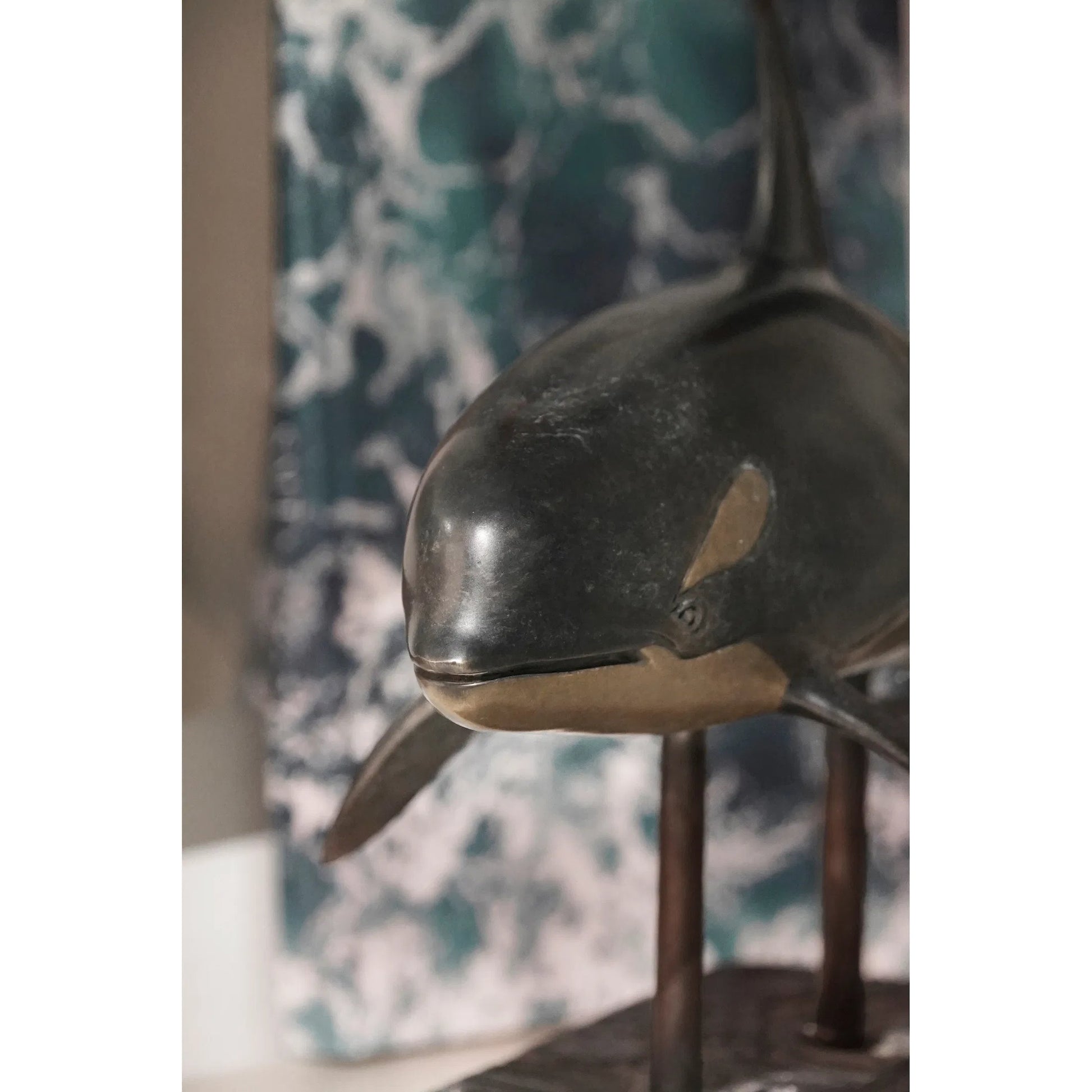 Killer Whale Bronze Statue with Marble Base by Jonathan Charles in dark rustic waxed bronze. Made from main brass in a unique style.