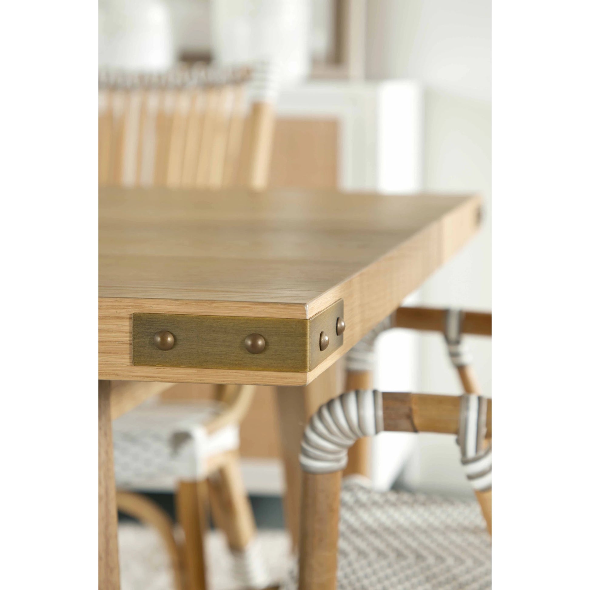 Klein Dining Table by Essentials For Living in light honey oak, brushed gold. Made from oak veneer, mdf, solid rubberwood, metal in a modern style.