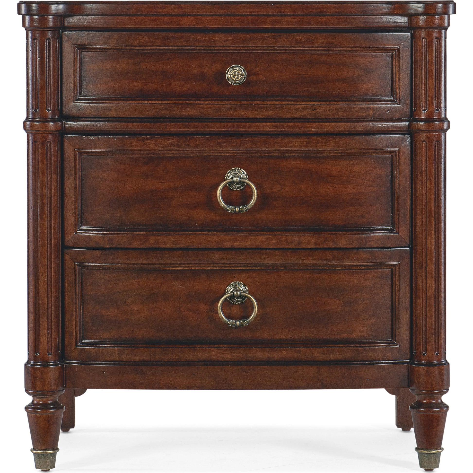 Charleston 30" Three-Drawer Nightstand by Hooker Furniture. Made from cherry, maple veneers, metal, solid-wood edge top in a traditional style.
