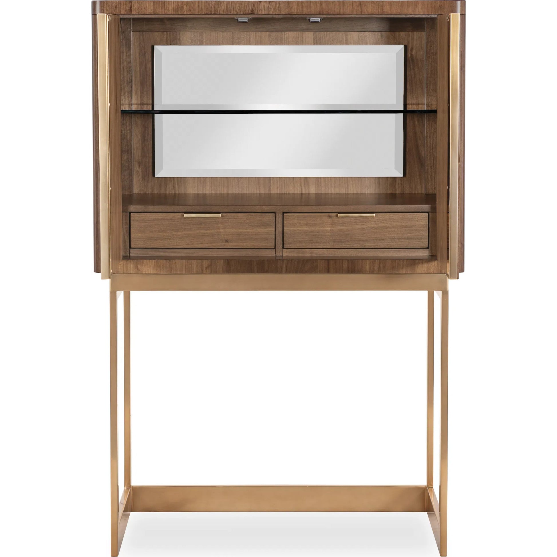 Eleana Bar on Stand by Hooker Furniture in light caramel, sunlit bronze metal. Made from walnut veneers, mirror, metal in a traditional style.