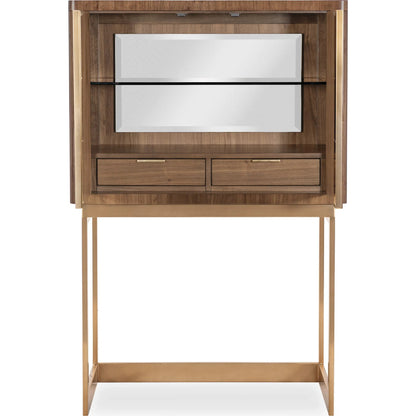 Eleana Bar on Stand by Hooker Furniture in light caramel, sunlit bronze metal. Made from walnut veneers, mirror, metal in a traditional style.