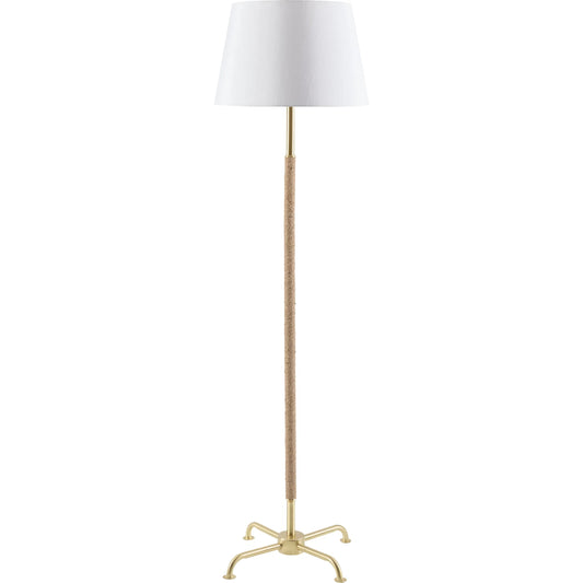 Kamo Accent Floor Lamp 594343 by Livabliss in body: gold, brown; base: gold; shade: white; finial: gold; harp: metallic - brass; cord: translucent and platedplatednaturalbrushed. Made from iron, rattan, linen, polyester in a