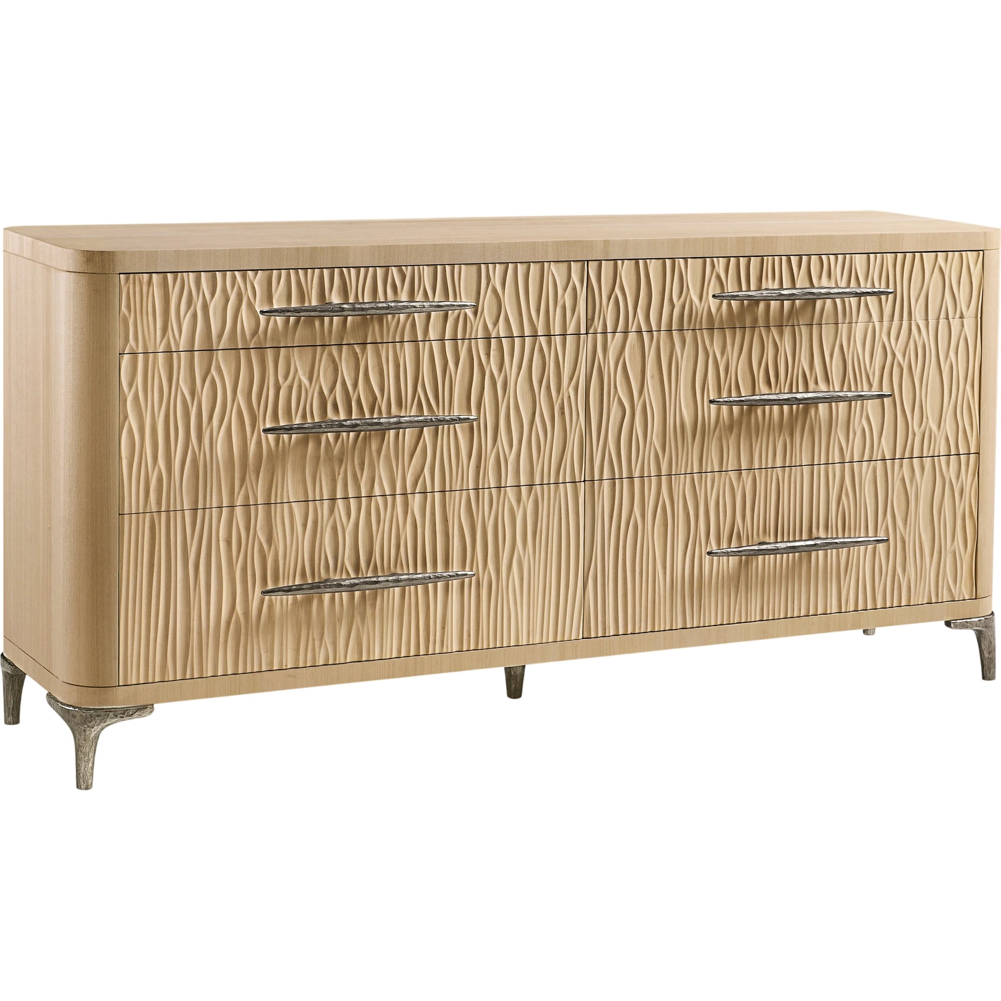 Undercurrent Dresser by Jonathan Charles in beige and natural dyed koto. Made from koto veneer, oak, oak veneer, fabric, stainless steel, sycamore solid wood in a transitional style.