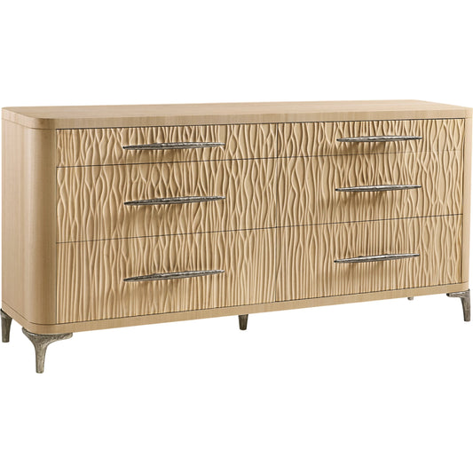 Undercurrent Dresser by Jonathan Charles in beige and natural dyed koto. Made from koto veneer, oak, oak veneer, fabric, stainless steel, sycamore solid wood in a transitional style.