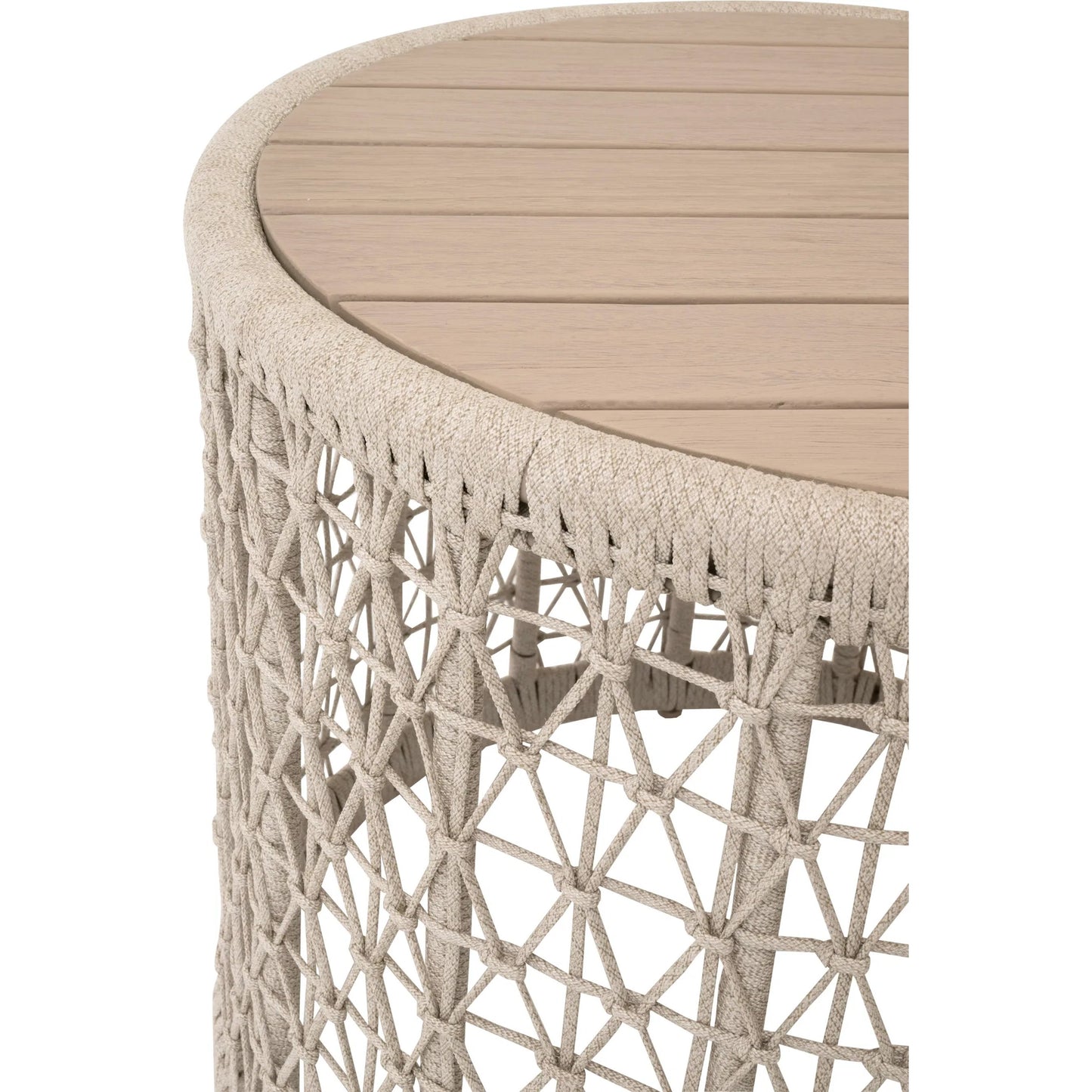 003 SI-2472617 | Closeup | Knit End Table by Essentials For Living in oat flat rope, washed ever teak. Made from solid teak wood, aluminum in a rustic style.