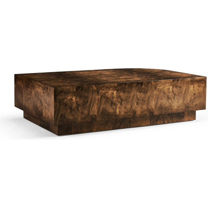 Jacques Radius Cocktail Table by Jonathan Charles in brown and walnut burl. Made from book match walnut burl veneer in a modern style.