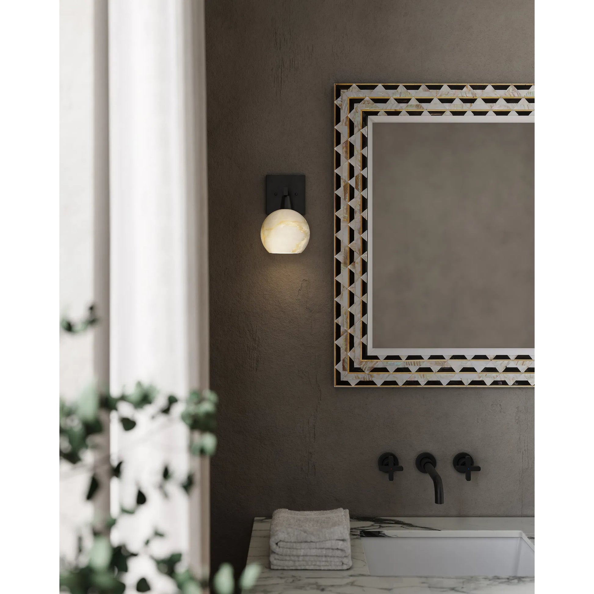 Bombelles Bath Wall Sconce by Currey and Company. Made from metal, alabaster in a modern style.