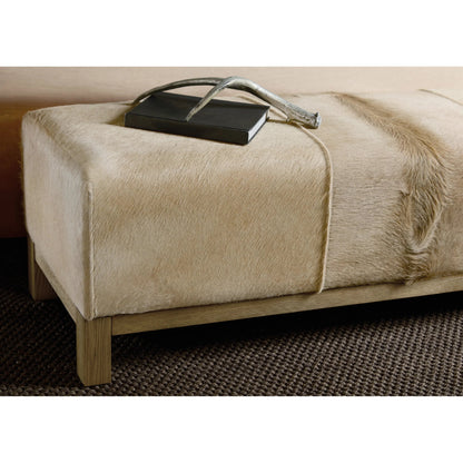 Melange Holy Cow Bench by Hooker Furniture in light wood oak, beige hair on hide leather. Made from solid oak wood, hair on hide leather, fabric, 82% polyester, 13% acrylic, 5% linen in a transitional style.