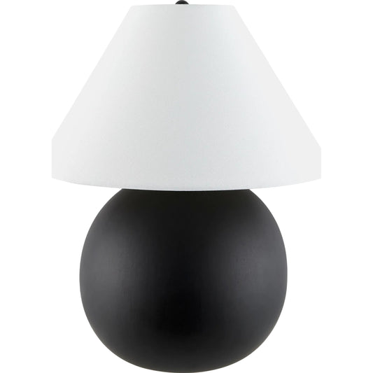 Kogel Accent Table Lamp by Livabliss in body: black; shade: white; finial: black; harp: black; cord: translucent and hand finished. Made from ceramic, linen, polystyrene, iron in a modern style.