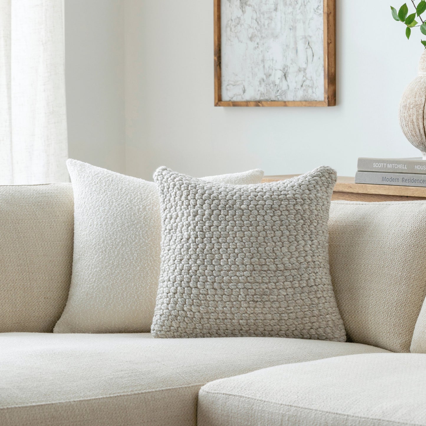 004 SI-2131495,SI-2131496 | Lifestyle | Kolapur Pillow - 479651 by Surya in ivory, cream, pearl. Made from front: 60% viscose, 20% wool, 20% cotton, back: 100% cotton in a modern style.