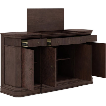 Revival Credenza by A.R.T. Furniture in brown and napa mahogany. Made from rubberwood solids, quarter mahogany veneer, resin, metal in a traditional style.