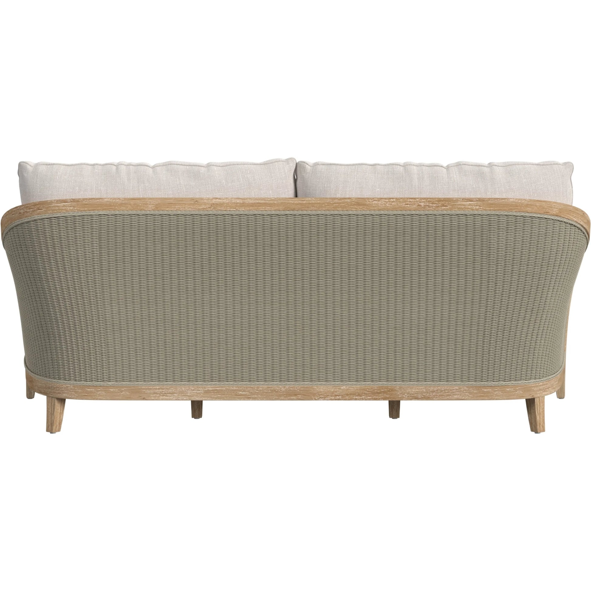 Cambria Outdoor Sofa by Sunset West in light wood. Made from teak in a rustic style.