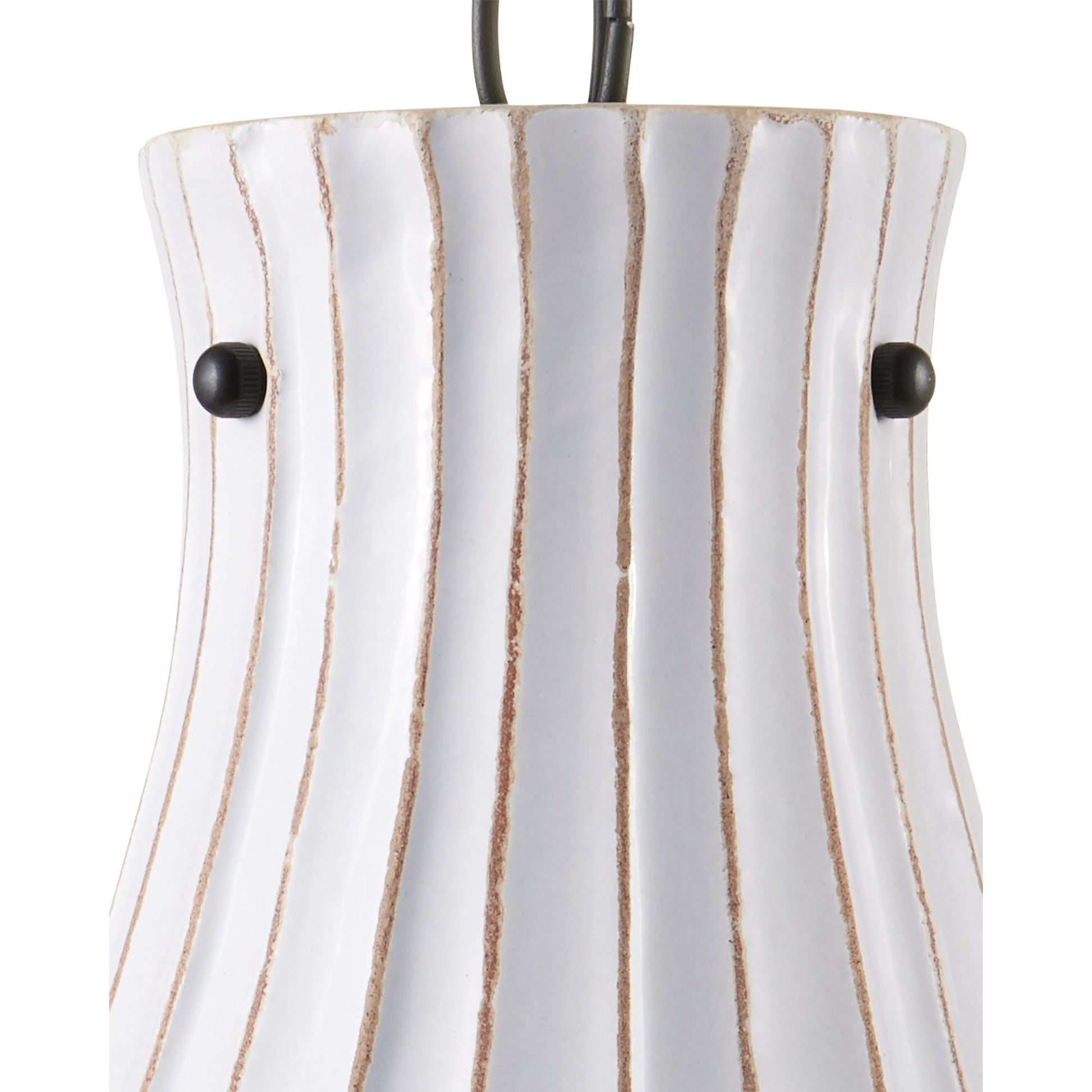Jazz Pendant by Currey and Company in satin black, white crackle. Made from wrought iron, terracotta in a coastal style.
