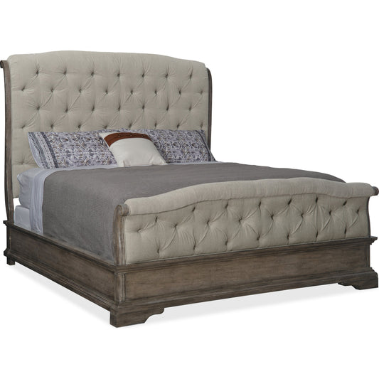 Woodlands Upholstered Bed by Hooker Furniture in lenox taupe, heathered lambswool. Made from quartered oak veneers with fabric in a traditional style.