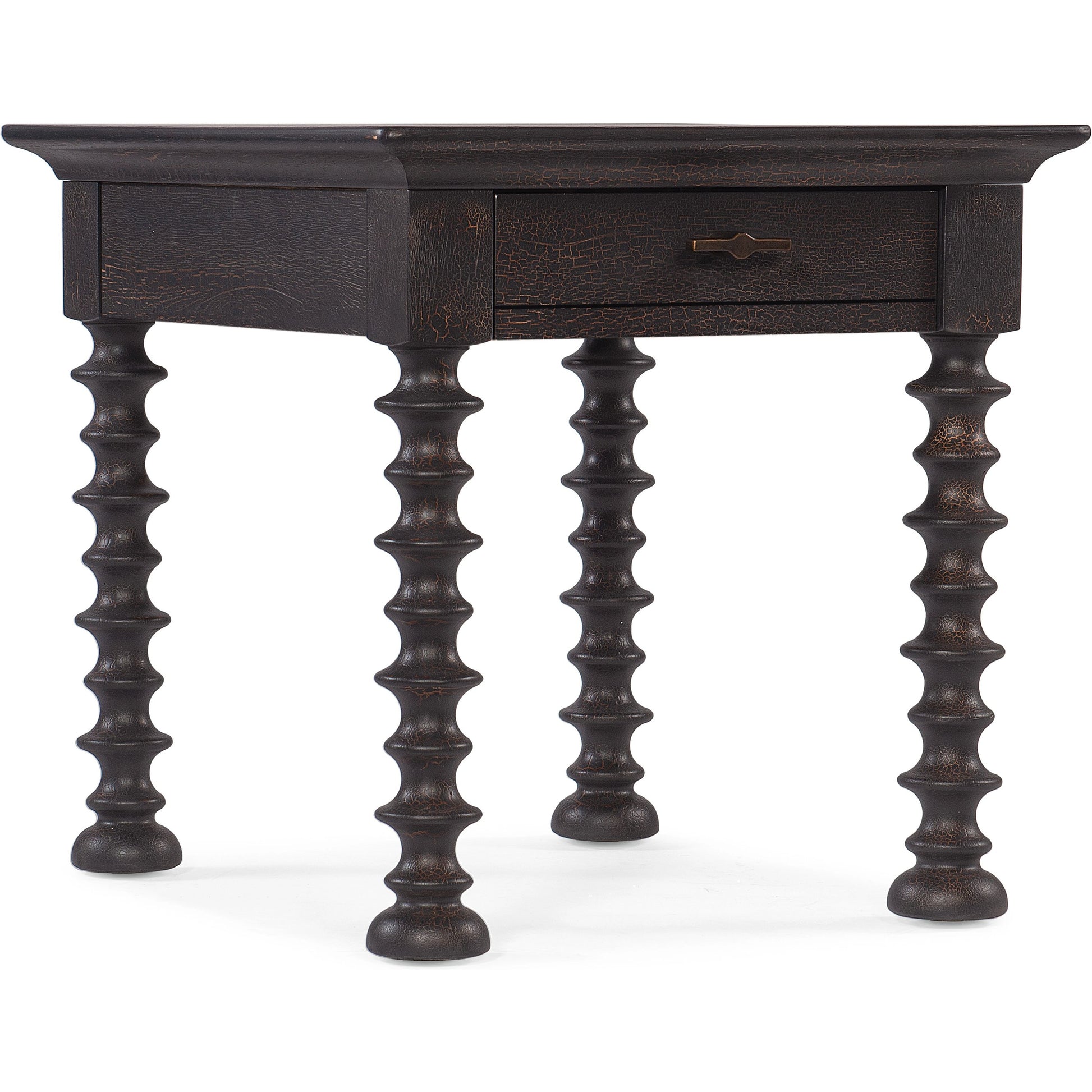 Big Sky Turned Leg End Table by Hooker Furniture in charred timber. Made from pecky hickory veneers, solid-wood edged top in a traditional style.