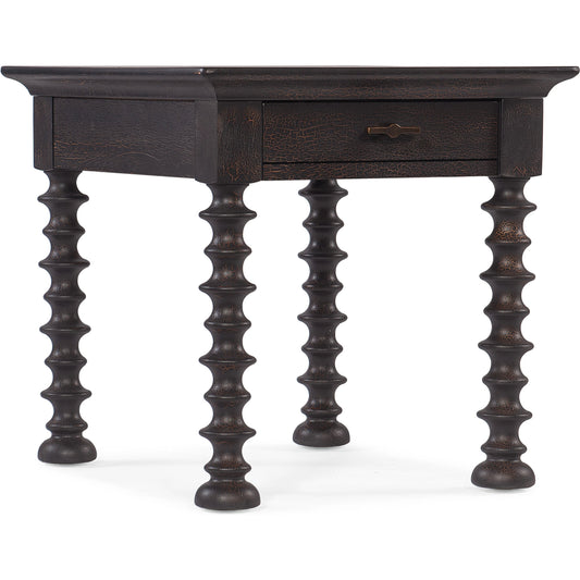 Big Sky Turned Leg End Table by Hooker Furniture in charred timber. Made from pecky hickory veneers, solid-wood edged top in a traditional style.