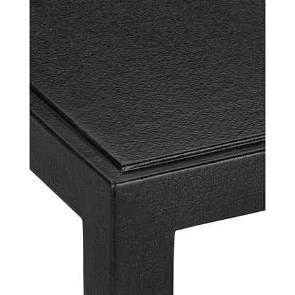 Verona End Table by Currey and Company in black lacquered linen, champagne. Made from lacquered linen, mahogany, engineered wood, metal in a modern style.