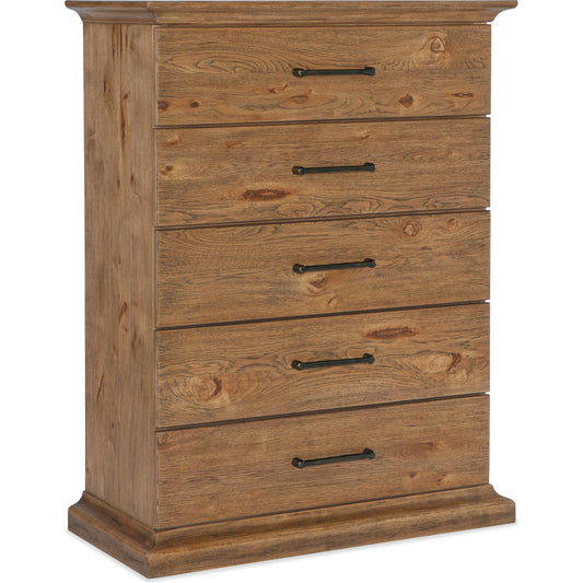 Big Sky Five Drawer Chest by Hooker Furniture in vintage natural. Made from pecky hickory veneers, cedar, solid-wood edged top in a modern style.