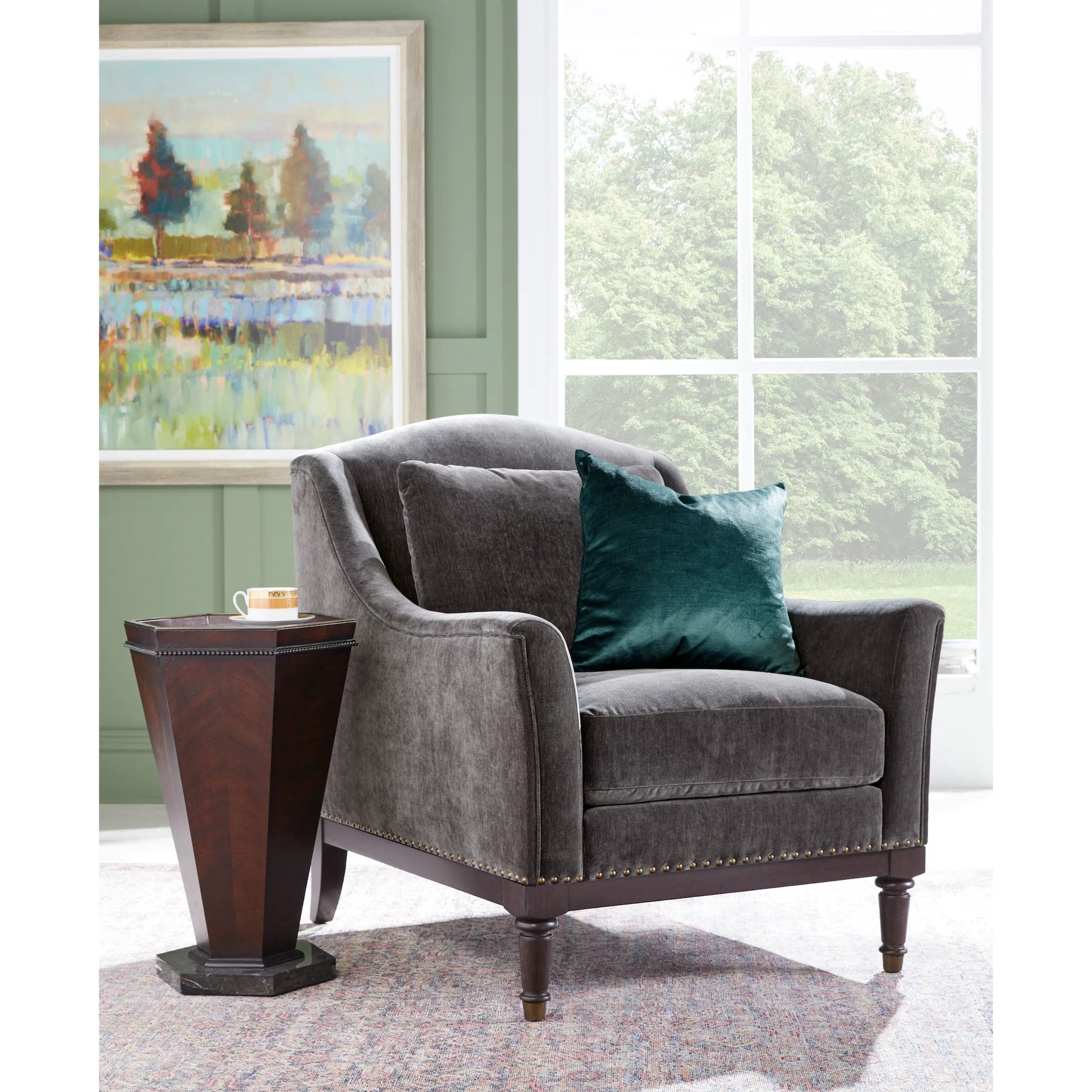 Revival Spot Table by A.R.T. Furniture in brown and napa mahogany. Made from rubberwood solids, quarter mahogany veneer, resin, metal, stone in a traditional style.