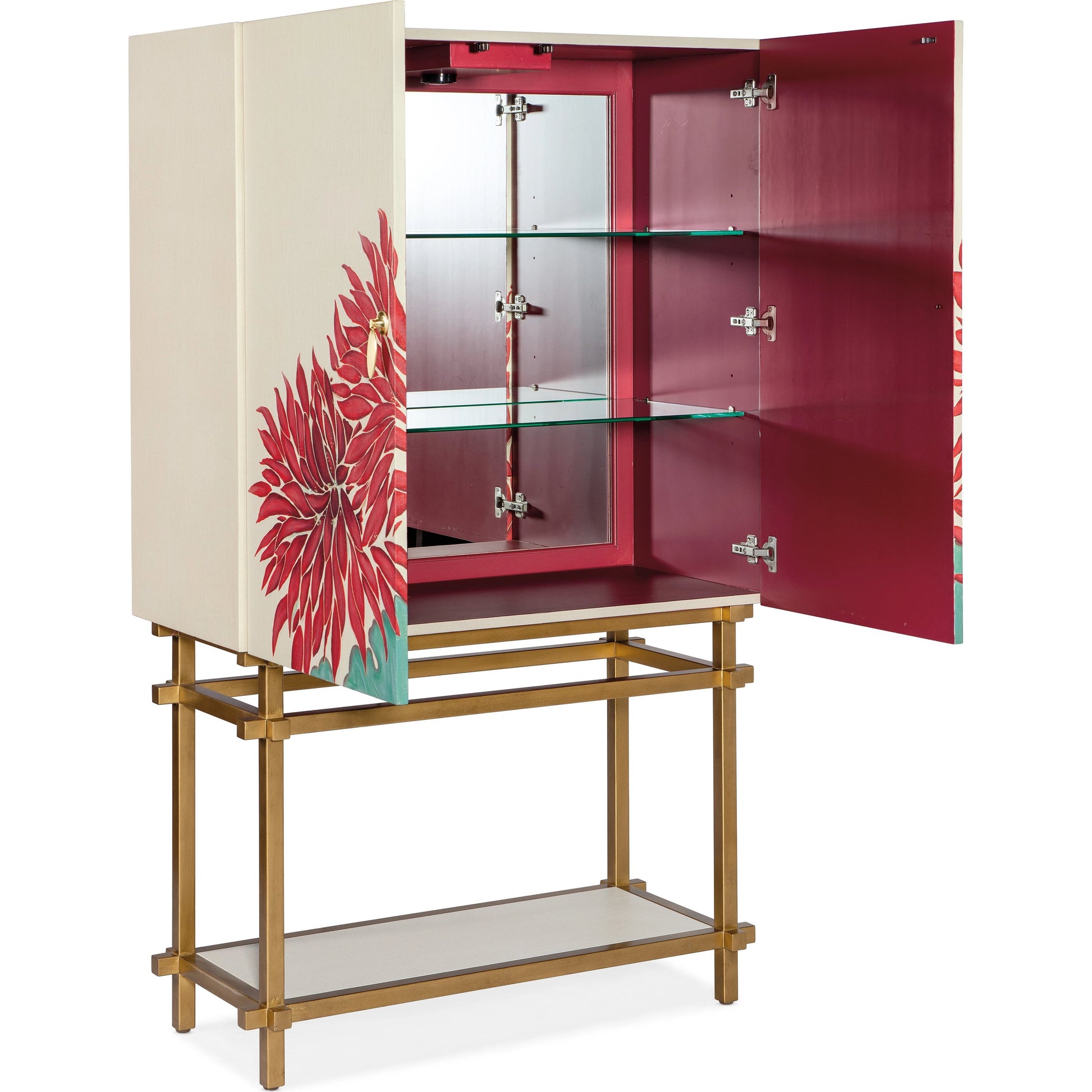 Melange Patrisha Bar Cabinet by Hooker Furniture in neutral linen, red. Made from wood, linen, metal, tempered glass, mirror in a modern style.