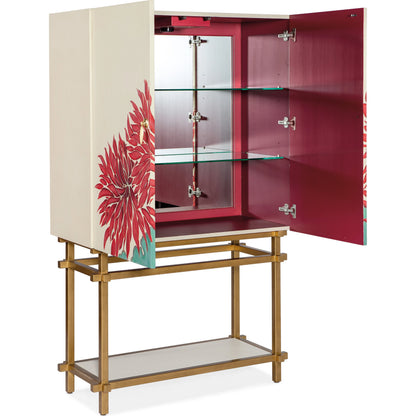 Melange Patrisha Bar Cabinet by Hooker Furniture in neutral linen, red. Made from wood, linen, metal, tempered glass, mirror in a modern style.