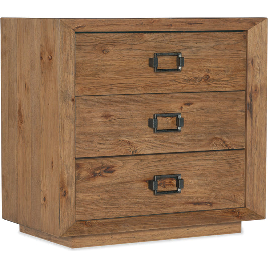 Big Sky Three Drawer Nightstand by Hooker Furniture in vintage natural. Made from pecky hickory veneers, cedar, solid-wood edged top in a modern style.