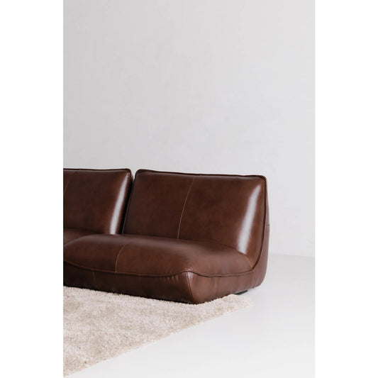 Zeppelin Leather Corner Chair by Moe's Home Collection in brown. Made from 100% top grain leather, solid wood, plywood construction, high density foam, polyfill cushions, plastic black legs in a unique style.