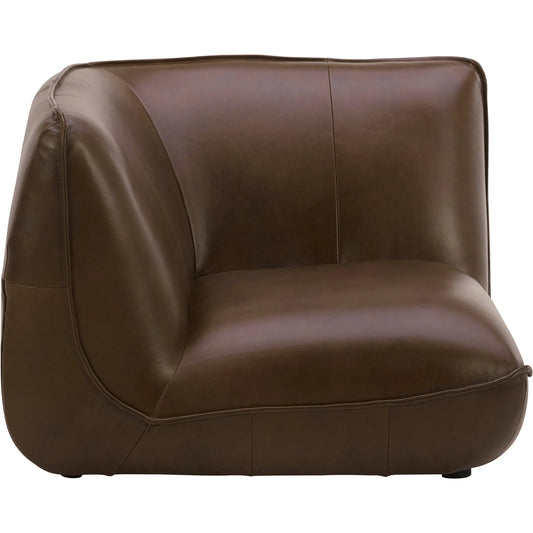 Zeppelin Leather Corner Chair by Moe's Home Collection in brown. Made from 100% top grain leather, solid wood, plywood construction, high density foam, polyfill cushions, plastic black legs in a unique style.