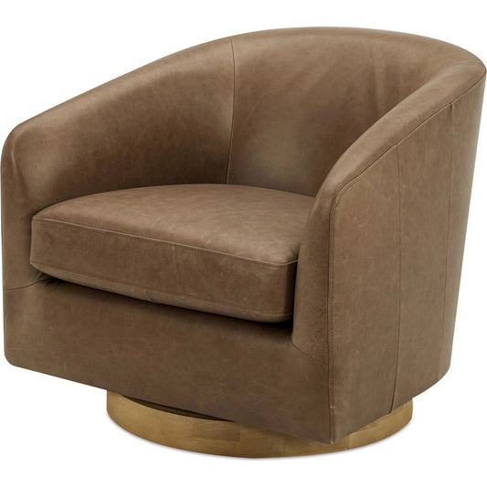 Oscy Leather Swivel Chair by Moe's Home Collection in tan. Made from upholstery: 100% top grain leather, solid wood base, pine, poplar frame, feather, high, density foam seat, ash wood base in a unique style.
