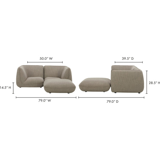 Zeppelin Nook Modular Sectional by Moe's Home Collection in speckled pumice. Made from upholstery: 80% polyester, 20% acrylic, solid wood, plywood construction, high density foam, polyfill cushions in a unique style.