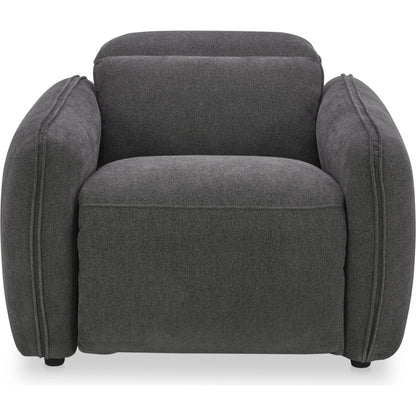 Eli Power Recliner Chair by Moe's Home Collection. Made from 100% polyester, solid wood, plywood, high density foam, polyfill cushions, plastic black legs in a unique style.