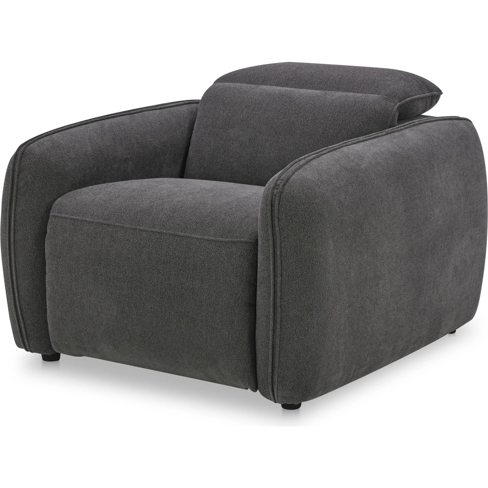 Eli Power Recliner Chair by Moe's Home Collection. Made from 100% polyester, solid wood, plywood, high density foam, polyfill cushions, plastic black legs in a unique style.