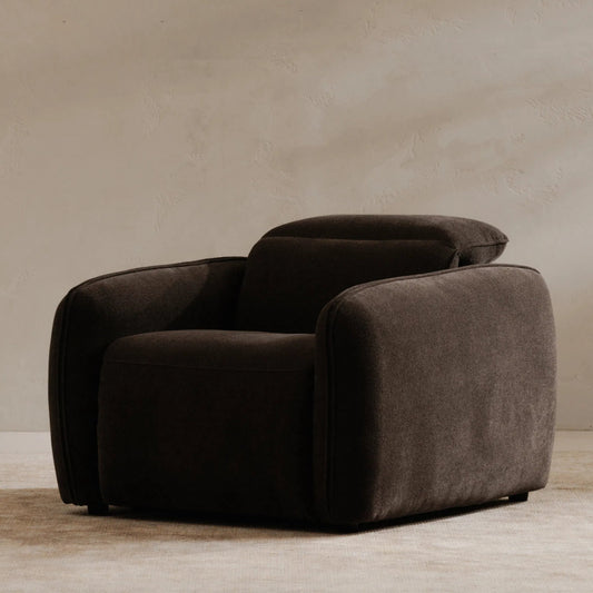 Eli Power Recliner Chair by Moe's Home Collection. Made from 100% polyester, solid wood, plywood, high density foam, polyfill cushions, plastic black legs in a unique style.