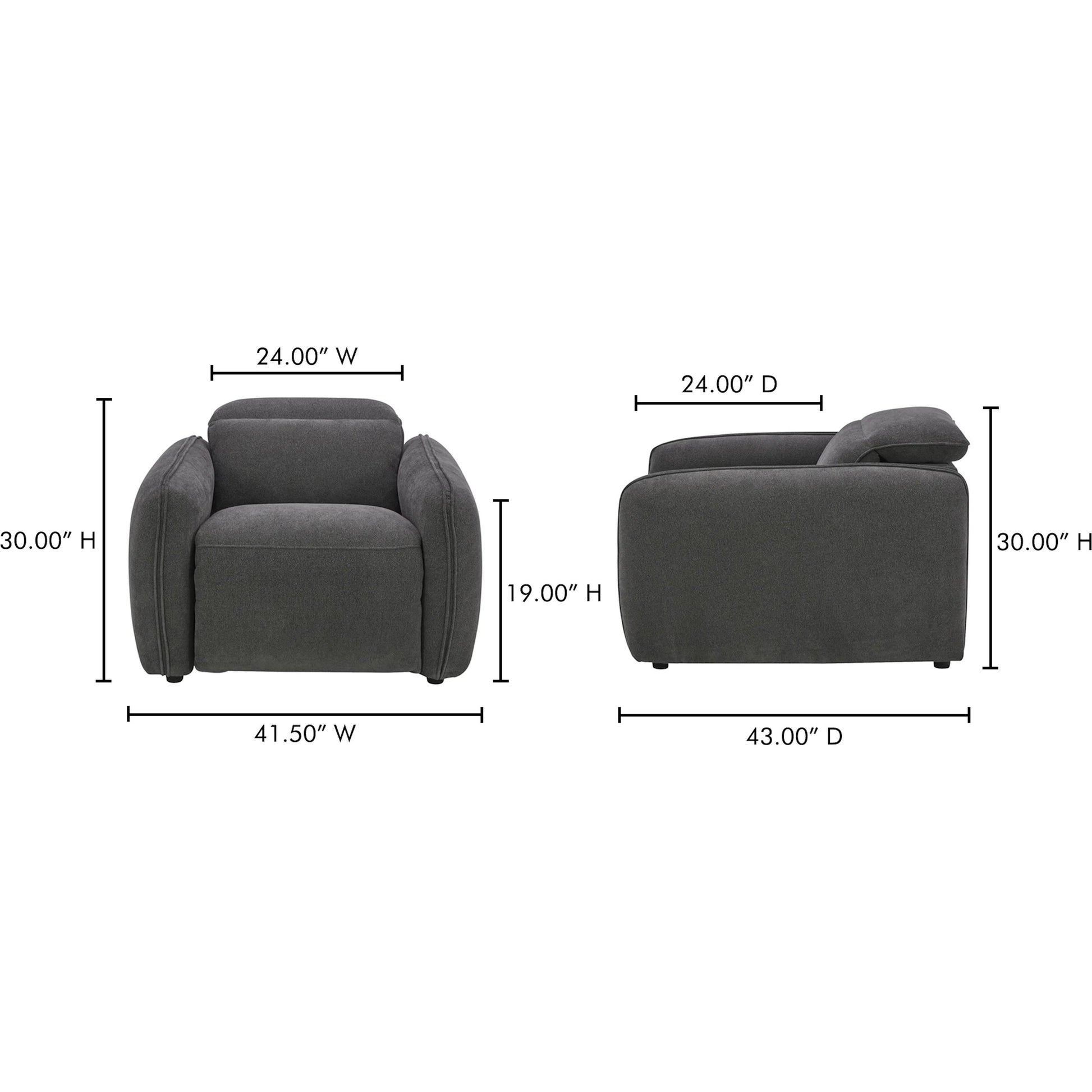 Eli Power Recliner Chair by Moe's Home Collection. Made from 100% polyester, solid wood, plywood, high density foam, polyfill cushions, plastic black legs in a unique style.