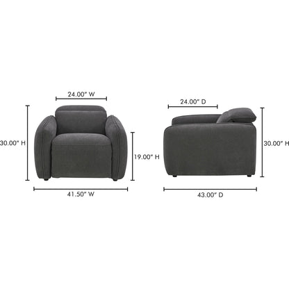 Eli Power Recliner Chair by Moe's Home Collection. Made from 100% polyester, solid wood, plywood, high density foam, polyfill cushions, plastic black legs in a unique style.