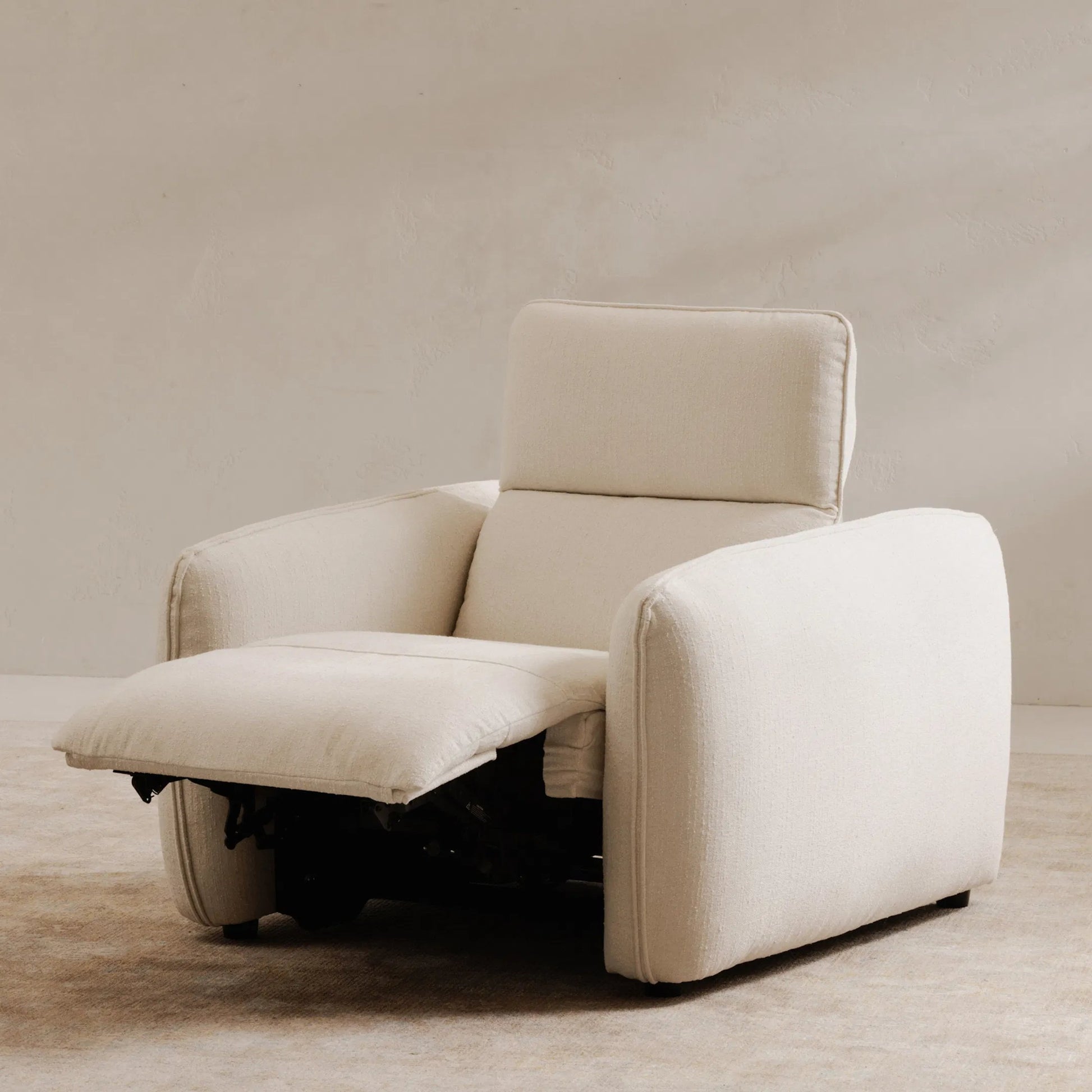 Eli Power Recliner Chair by Moe's Home Collection. Made from 100% polyester, solid wood, plywood, high density foam, polyfill cushions, plastic black legs in a unique style.