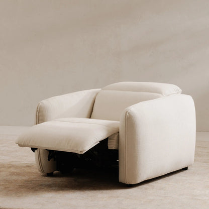 Eli Power Recliner Chair by Moe's Home Collection. Made from 100% polyester, solid wood, plywood, high density foam, polyfill cushions, plastic black legs in a unique style.