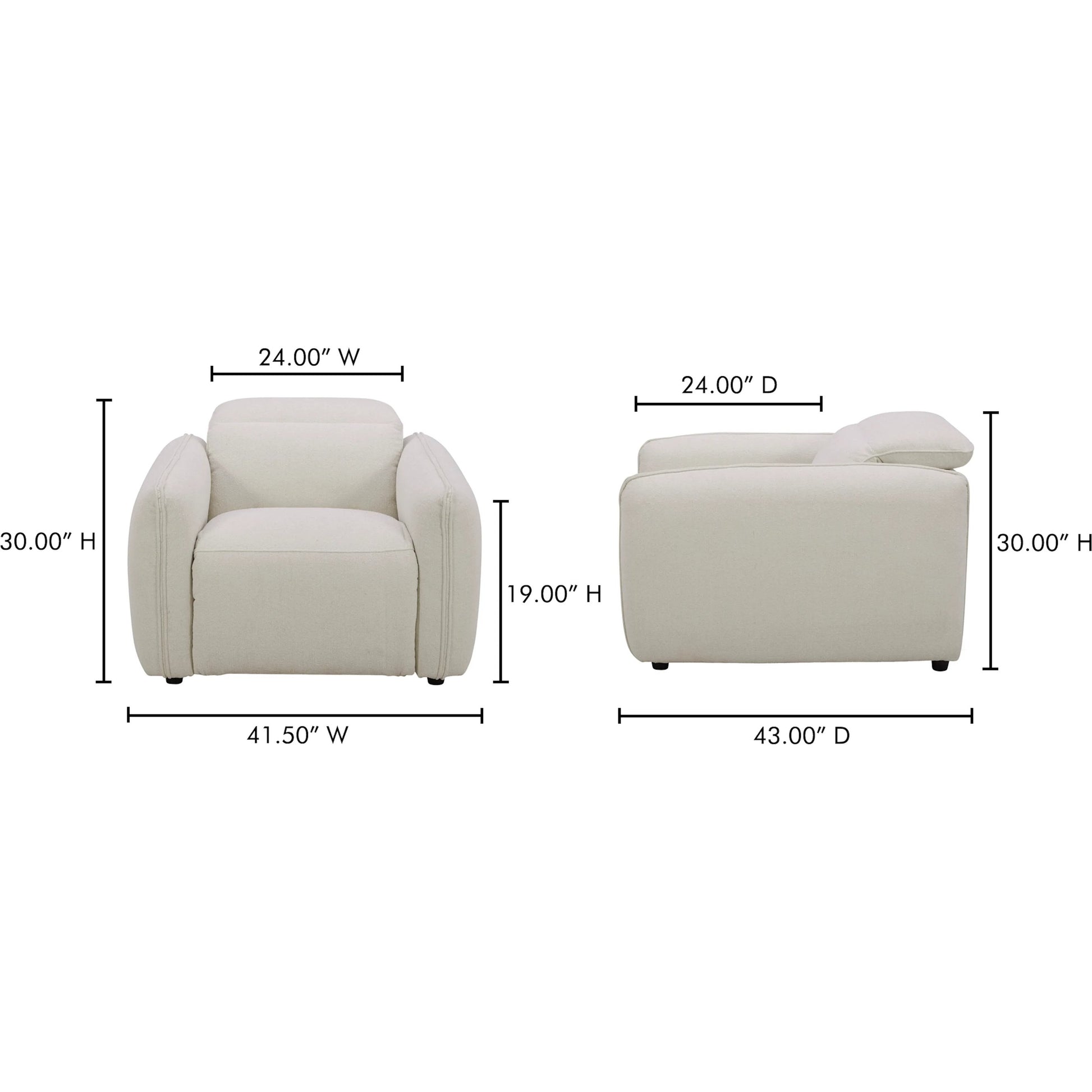 Eli Power Recliner Chair by Moe's Home Collection. Made from 100% polyester, solid wood, plywood, high density foam, polyfill cushions, plastic black legs in a unique style.